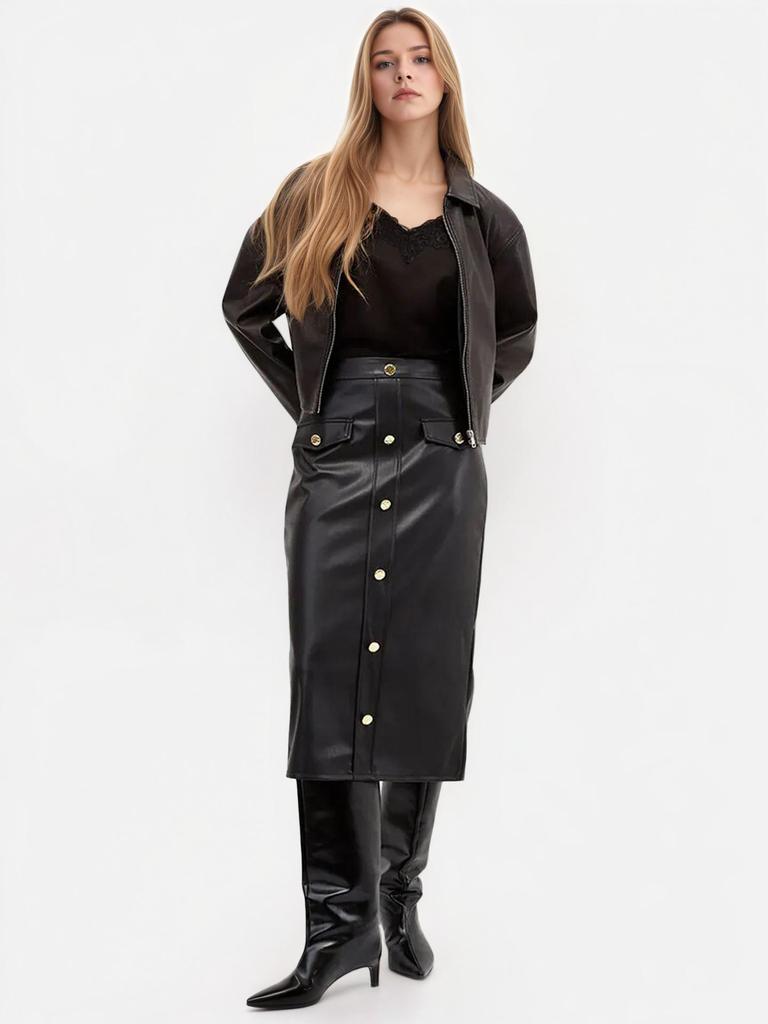 2025 Vår & Höst Högkvalitativ PU-läder Midi-kjol - Gatumode Europeisk & Amerikansk Mode, Rörformad Design för Kvinnor