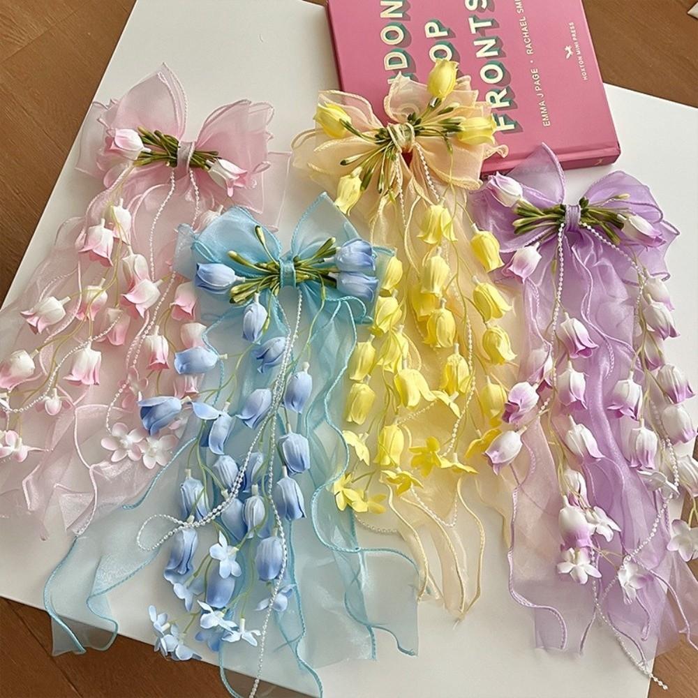 Long Ribbon Bow Hair Clip Bell Orchid Hair Barrettes New Sweet Headband  For Girls