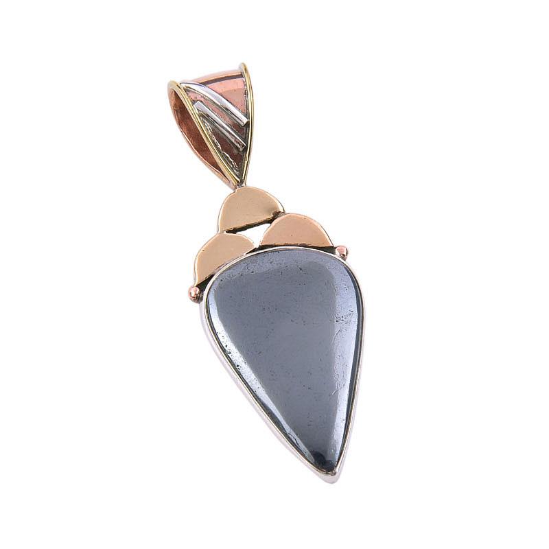 Natural Gunmetal Gemstone 925 Solid Sterling Silver Two Tone Pendant 1.75" D0e02