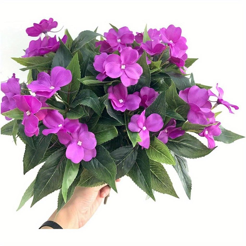 4Pcs Artificial Impatiens Flowers, Faux Impatiens Bushes Yellow Artificial Impatiens Bouquet for Patio Lawn Garden Pot Hanging Basket Porch Decoration