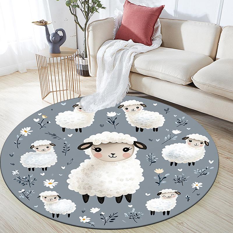 Cute Sheep Round Area Rug,Carpet Rug for Living Room Bedroom Sofa Playroom Decor,Non-slip Floor Mat