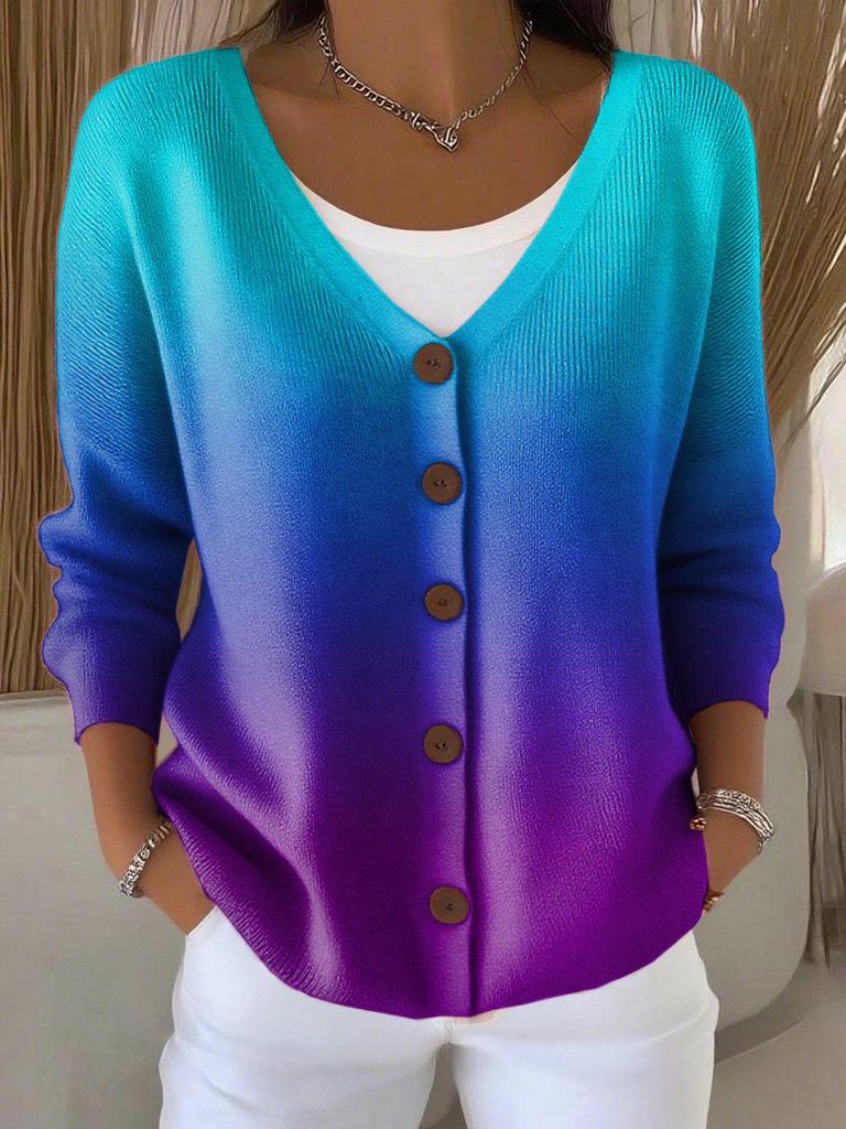 V-Neck 5-Button Printed Cardigan Sweater