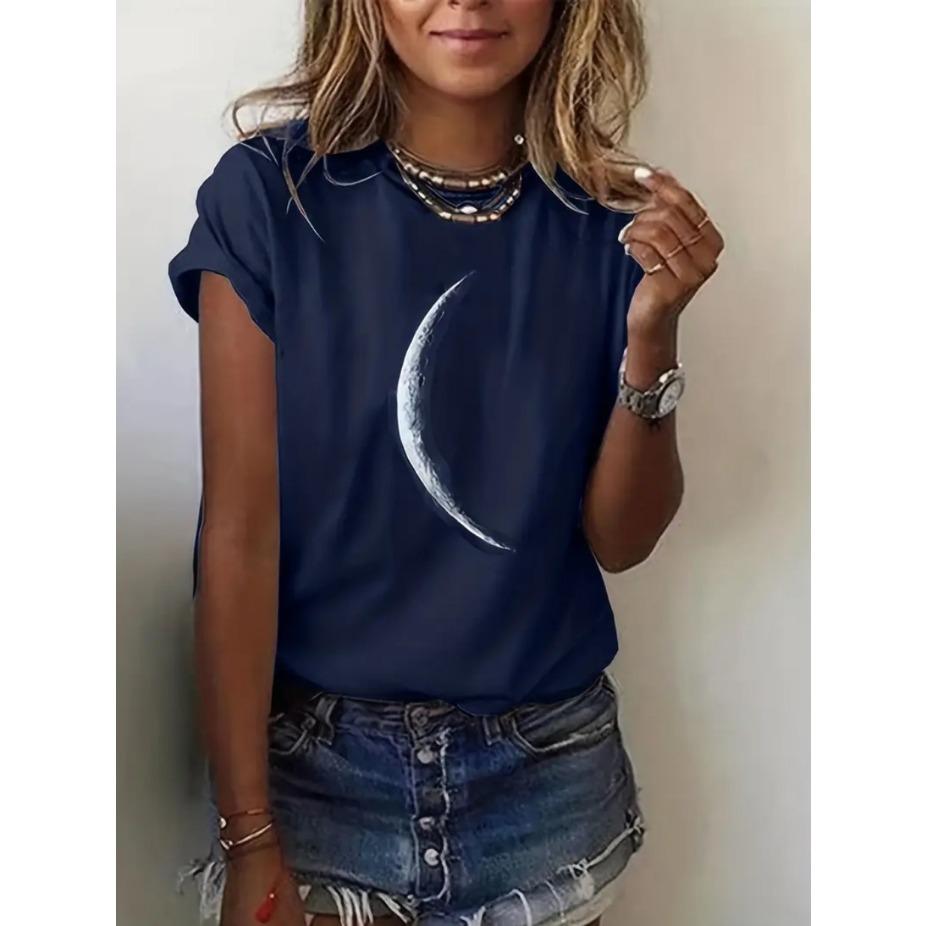 Bending Moon 3D Print Round Neck Short Sleeved T-shirt for Women Tees Breathable Polyester Stretch Comfortable for Everyday