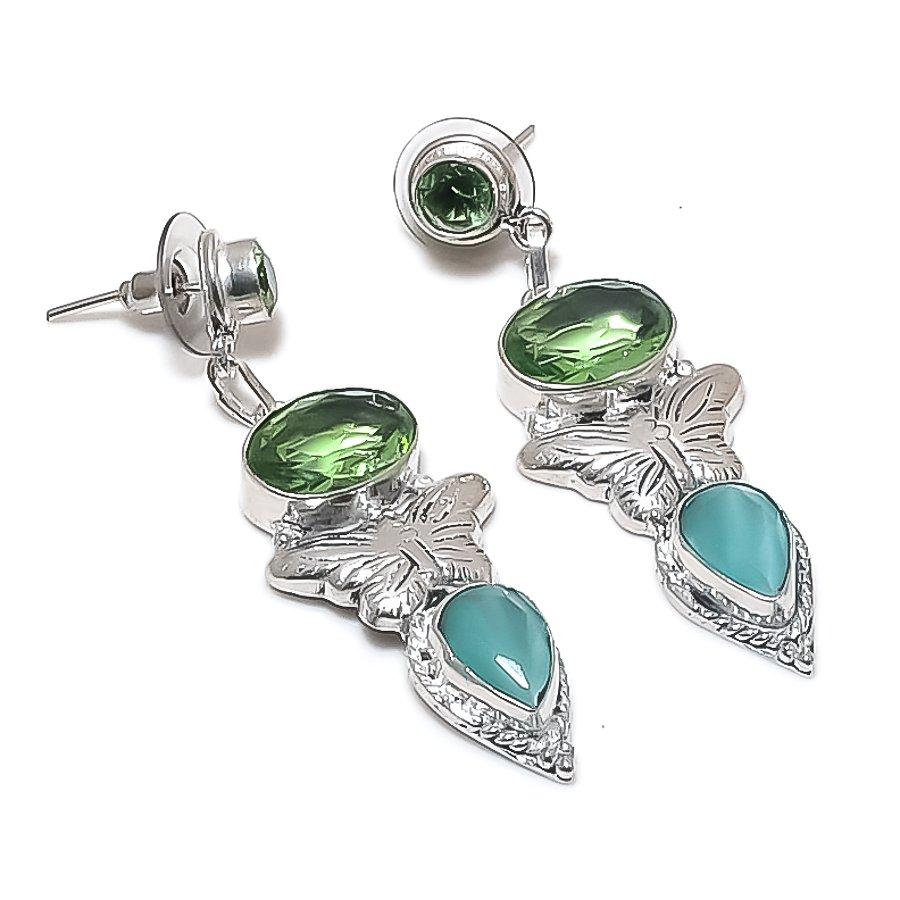 

Natural Aqua Chalcedony, Tsavorite 925 Sterling Silver Earring 2.36 j8Z18
