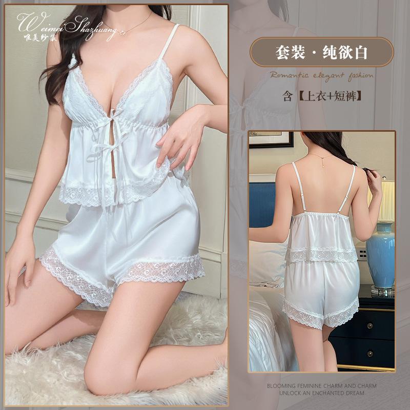 Beautiful yarn sexy women's ice silk suspender shorts set front lace-up pure desire wind belt chest pad lace suit