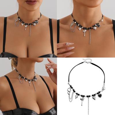 Elegant Beaded Clavicle Chain Tassels Necklace with Heart Charm Adjustable Length Neckchain Stylish Accessory for Women