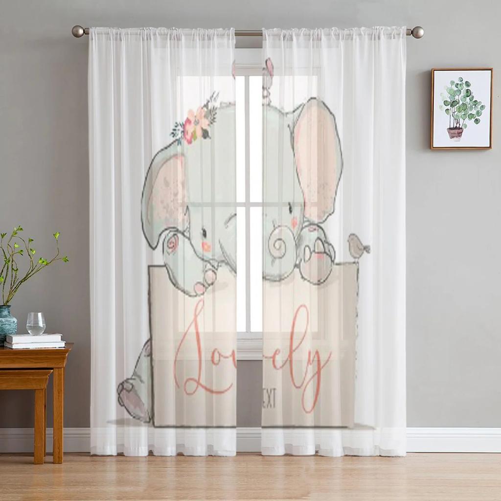 Bellissime tende in tulle con elefante e uccello per soggiorno, camera da letto, finestra, tende trasparenti, cucina, balcone, tende in voile
