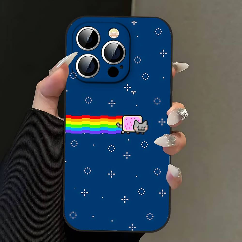Roztomilý Vtipný Kočka N-nyan Pouzdro na Telefon Pouzdro na Telefon Pro IPhone 17,16,15,14,13,12,11,Pro,Plus,Mini Měkký Černý Kryt