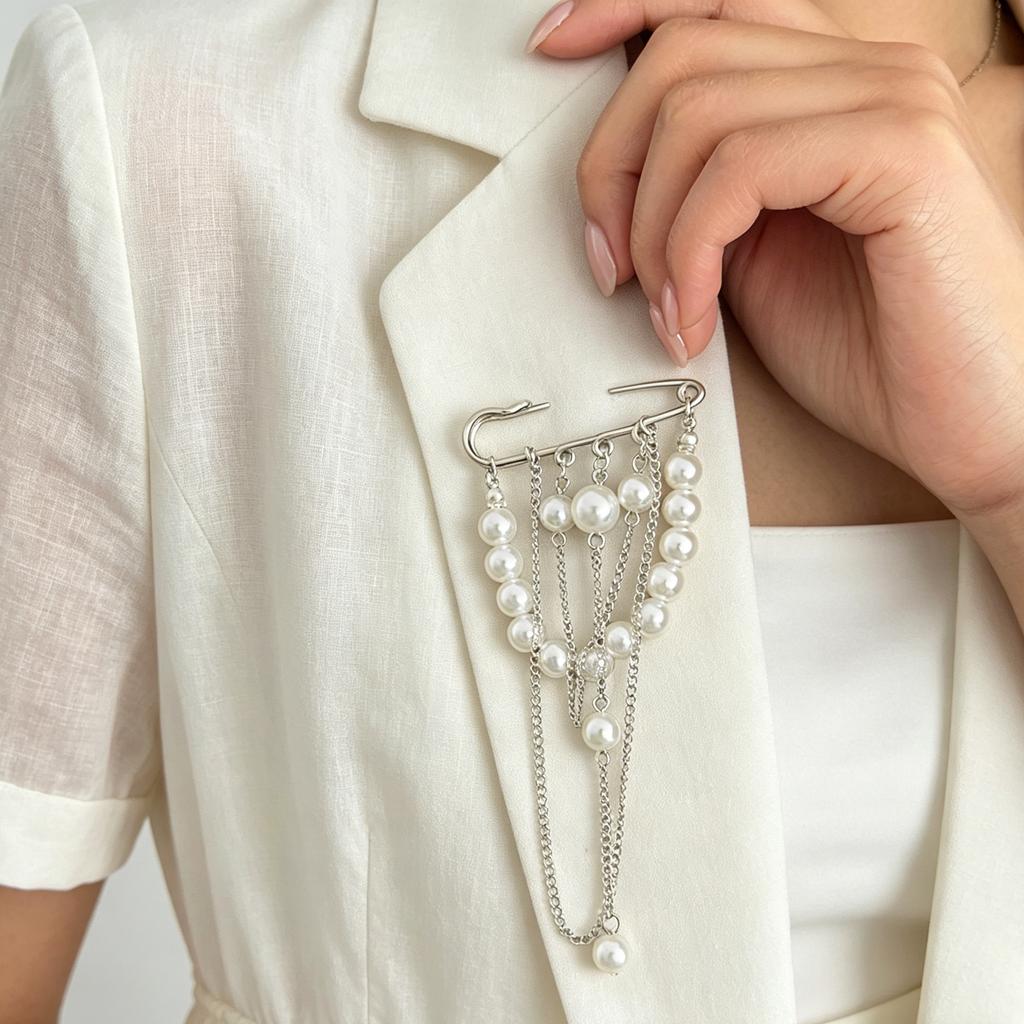 Hip Hop Trendy Imitation Pearl Tassel Chain Brooches for Men Women Waist-shaping Fixed Pin Accessory Multi-functional Jewelry