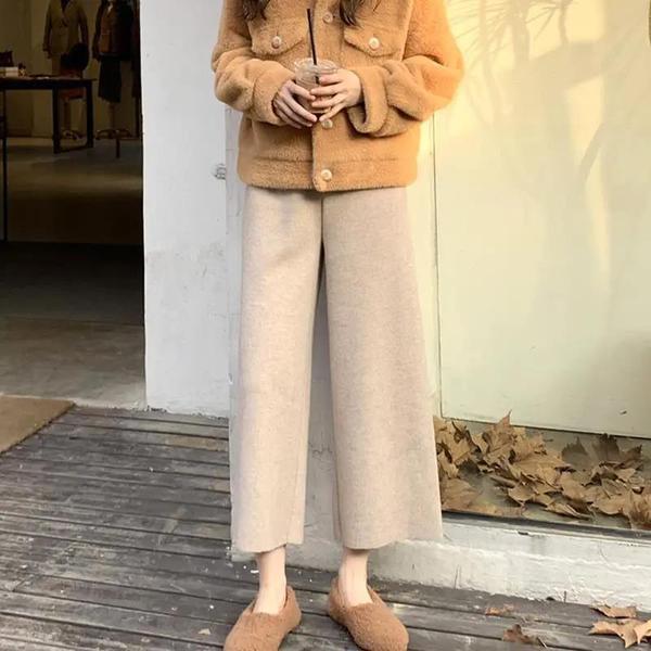 Women's Loose Woolen Wide-Leg Pants - Nine-Point Length, Autumn/Winter, Casual Drape, Small Size, All-Match, Grandma Style