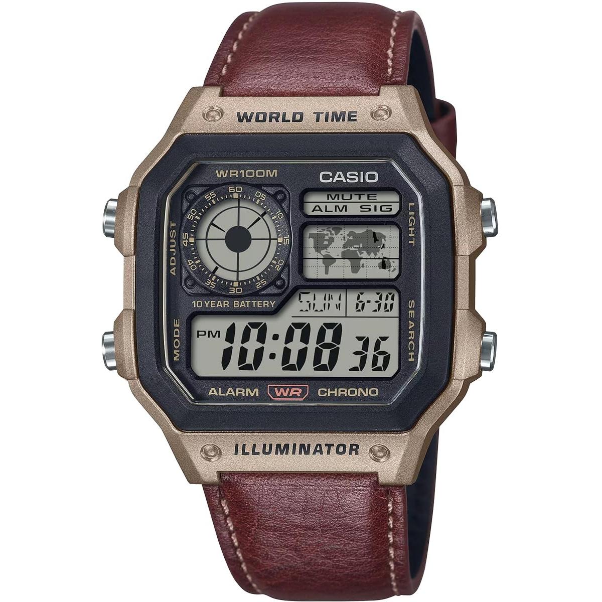 

CASIO World Time Digital Watch AE-1200WHL-5AV Metallic Brown с коричневым кожаным ремешком, импортная модель