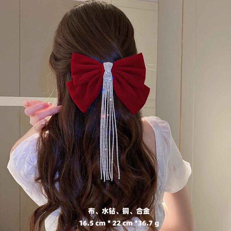 New Year Red Autumn and Winter Velvet Bead Diamond Bow Hairpin Sweet Internet Celebrity Head Senior Hair Accessories
