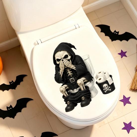 Waterproof PVC Toilet Art Halloween Skeleton Sticker, Funny Pooping Lid Decal, Dark Humor Decal Adhesive Bathroom Sticker for Tank, Holiday Home Decor