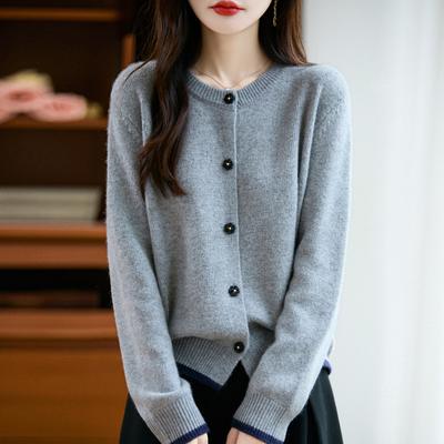 Cardigan lavorato a maglia a girocollo, Maniche lunghe, Color block, Giacca calda morbida e ampia, Nuovo stile autunno-inverno