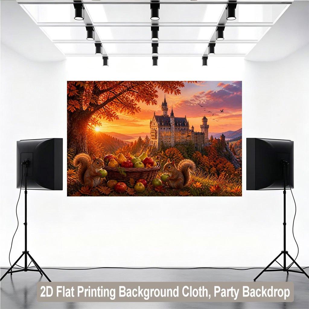 2D Flat Design, 1 Piece, Forest Clearing At Dusk, Castle and Small Animal Background Fabric. Suitable for Families and Gardens.