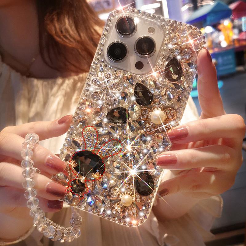 For Apple 17 Phone Case Luxury for IPhone 15 Rhinestone 13 Pearl 14 Rabbit Flower Light Luxury Women's Instagram