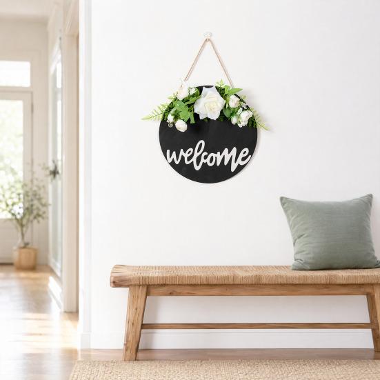 Welcome Sign, with Flower Decor Wear-Resistant Wreath, Front Door Welcome Wreath for Family Friends Co-Workers Garden Balcony