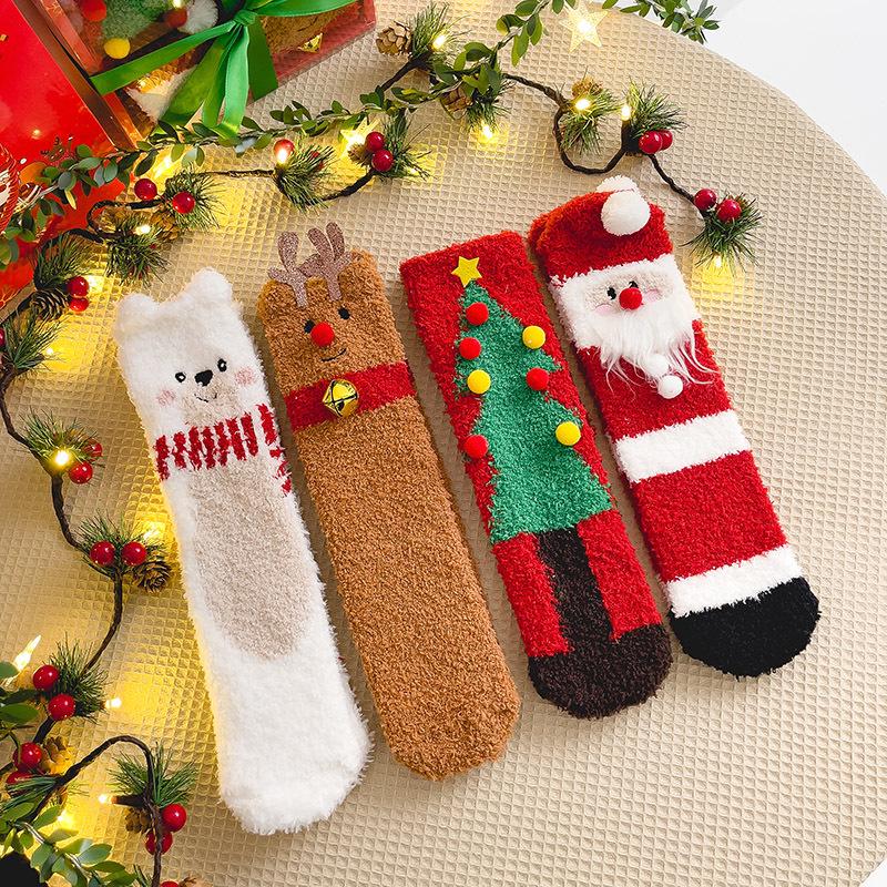 Gift Box: Autumn/Winter Ladies' Cartoon Christmas Socks - Santa Claus Coral Fleece Mid-Calf, Four-Pair Set
