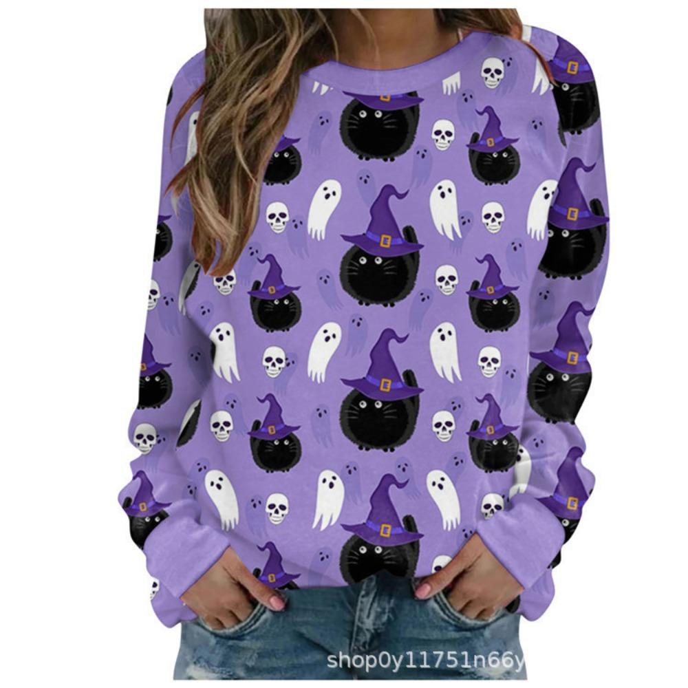 

Fashionable 3D digital printed Halloween ghost pattern women s round neck long sleeved T-shirt S