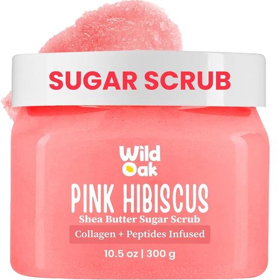 WildOak Pink Hibiscus Sugar Body Scrub | 300g | Kojic Acid, Hyaluronic Acid, Ceramides, Collagen & Peptides | De-Tan & Brightens Dark Areas