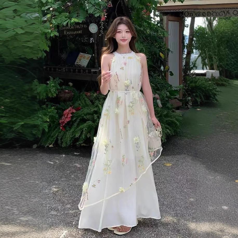 Summer Cotton Embroidery Sleeveless Dress For Beach Women With Mesh Floral Design