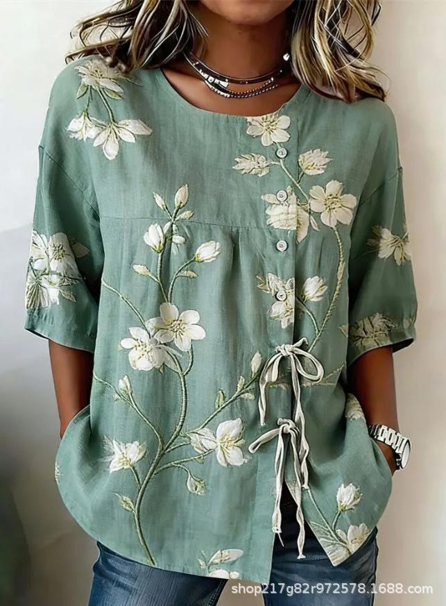 European and American summer new women's tops, shirts, geometric printing buttons, drawstrings, half-sleeved tops, T-shirts, women's clothing