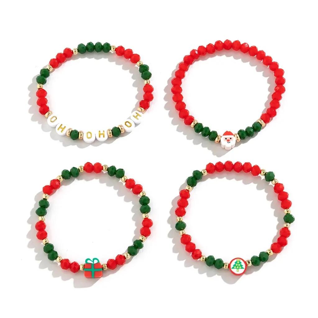 4Pcs Christmas Handmade Strand Beads Chain Bracelets for Women Santa Claus Gift Box Tree Bangles Xmas Holiday Party Jewelry New