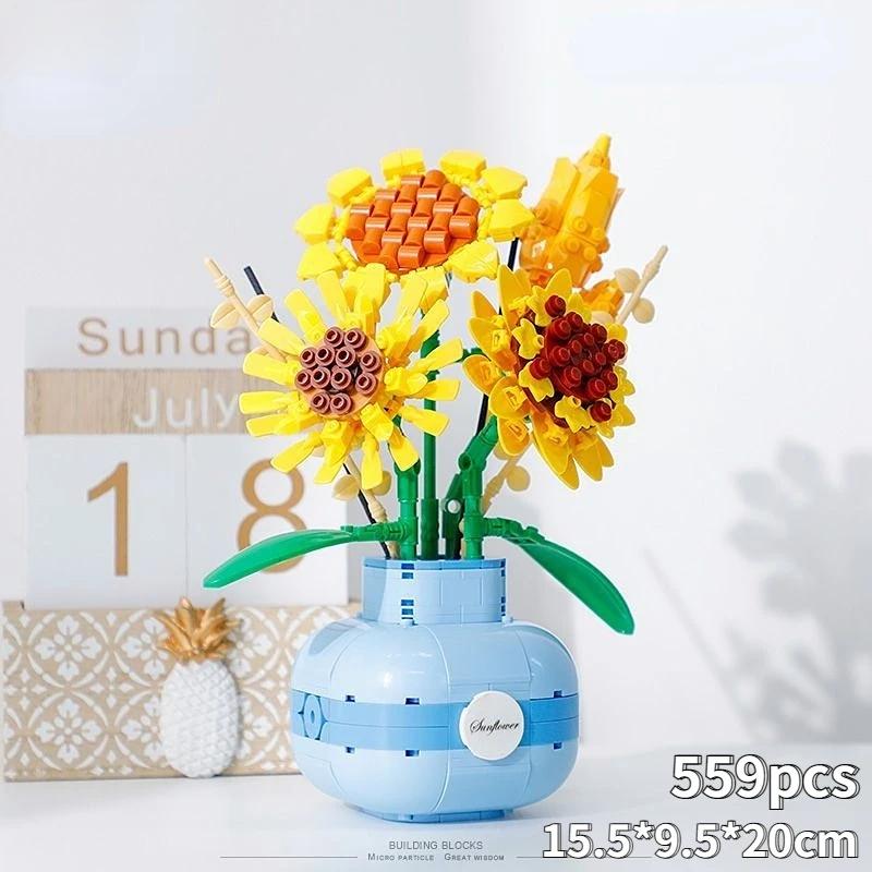 New Flower Bouquet with Vase Compatible Building Blocks Sunflowers Adult Assembled Flower Pots New Year Room New Year Decoration