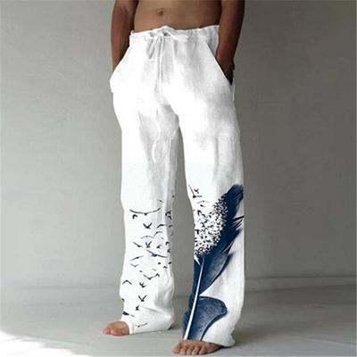 Pantaloni casual da uomo alla moda, in cotone e lino, con coulisse elasticizzata, stampati con piume, nuovi