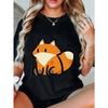 Cute Fox Print Loose Fit T Shirt Black Cartoon Animal Design For Women Casual Wear Daily Outfit Summer Top Fashion Trendy Style