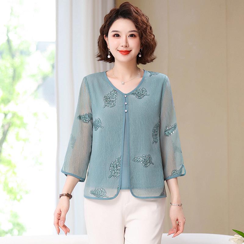 2026 Elegant Summer Chiffon Top - New Chinese Style Short-Sleeve for Stylish Middle-Aged and Elderly Women