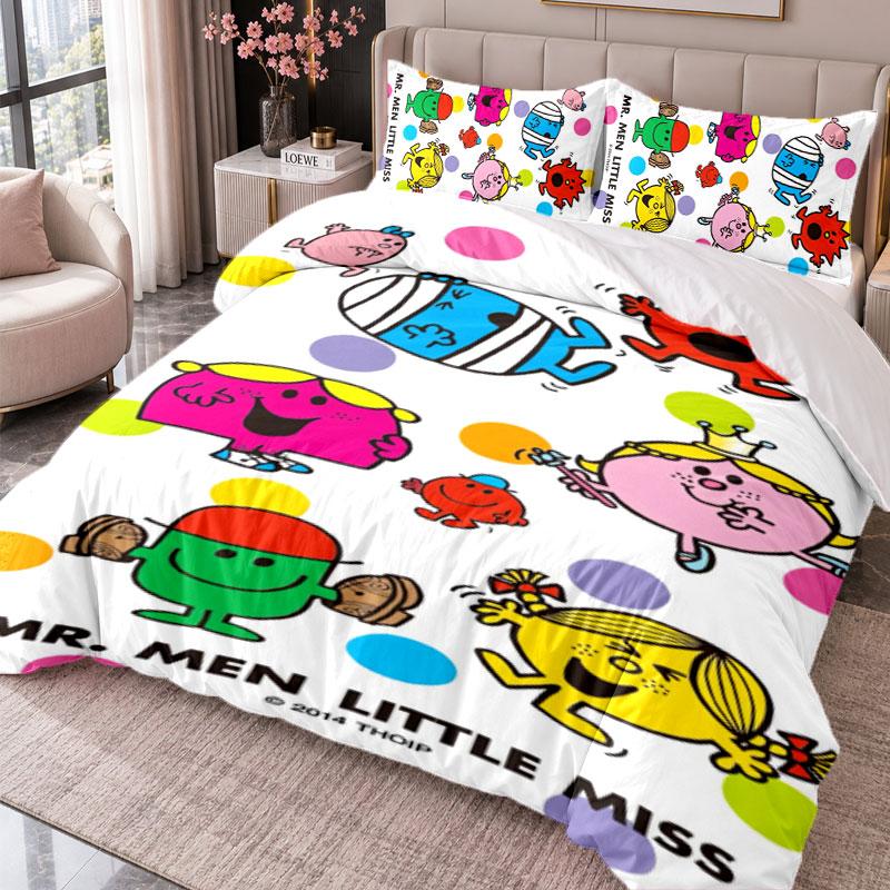 Mr. Men & Little Miss 3Pcs Bedding Set Duvet Cover With Two Pillowcases For Bedroom Home Decoration
