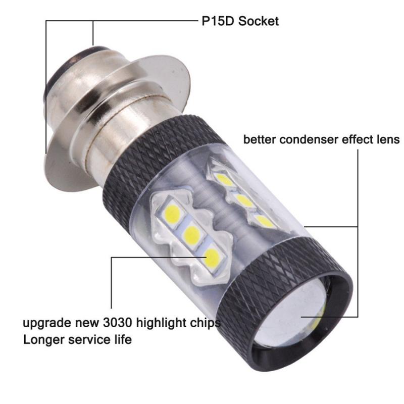 2Pc 80W Xenon White Led Motorbike Atv Headlight Fog Light Bulb 6500K P15D