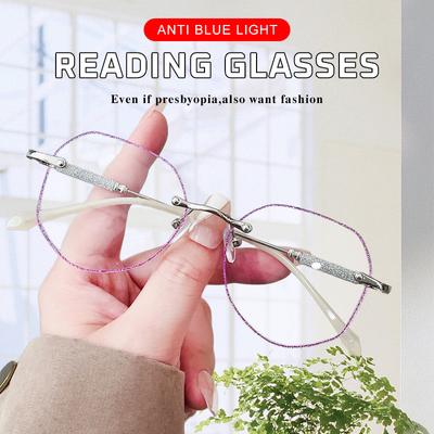 0 To+4.0 Women'S Frameless Reading Glasses  Anti Blue Light  Polygonal Presbyopic Glasses  Anti Fatigue Computer Glasses