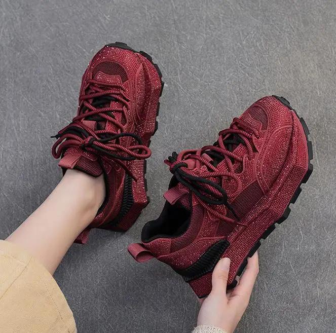 Fashion 5.5CM Fashion Women Breathable Air Mesh Shoes 2025 Summer Thick Sole Platform Casual Sneakers Shining Rhinestone Round Toe Shoes