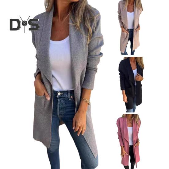 Damenjacke mit Umlegekragen, Taschen, einfarbig, offener Stich, locker, Thermo, langärmelig, Pendeln, Dating, Frühling, Herbst, Wintermantel