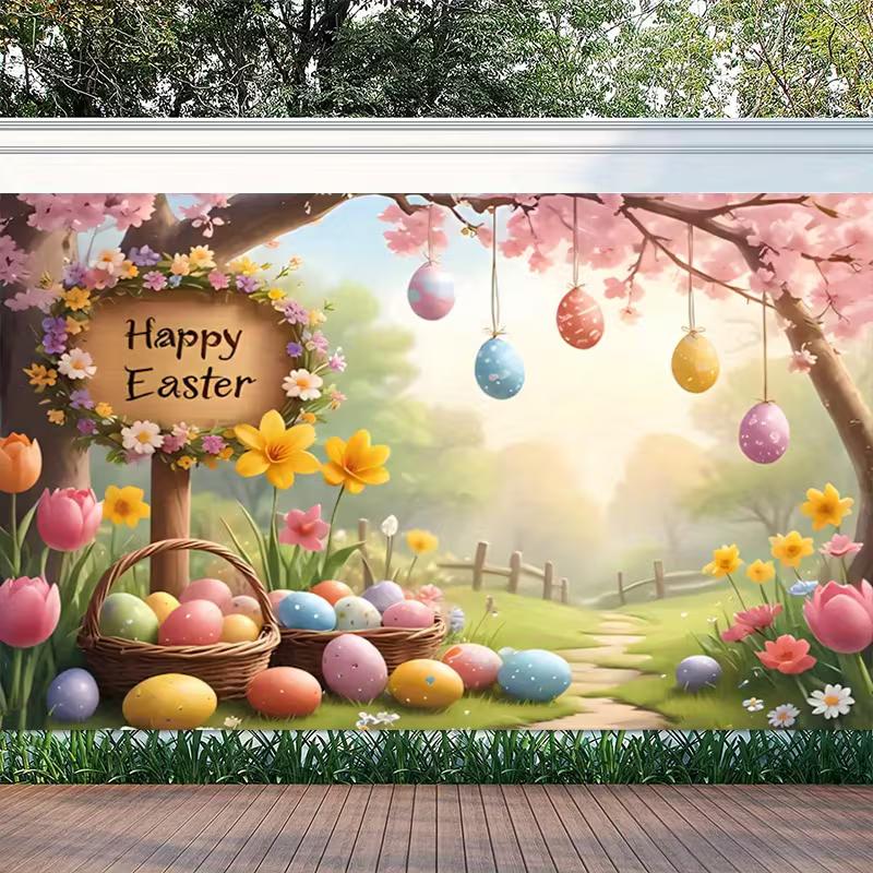 2D Easter Floral Garden Backdrop Cloth 2D Print Colorful Eggs Home Wall Hanging