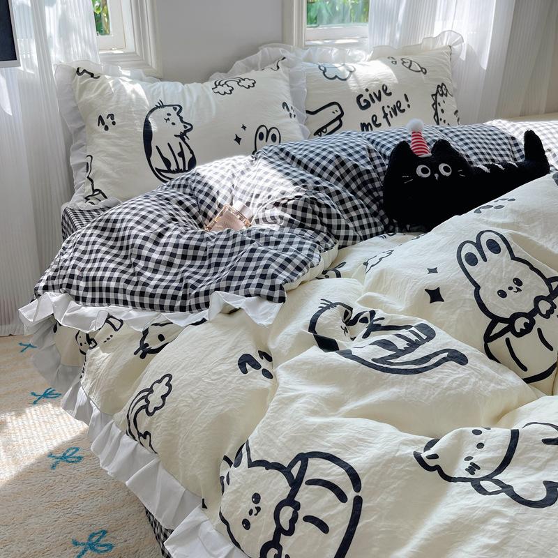 Skin-friendly Lace Washed Cotton Four-piece Set Dormitory Three-piece Set Bed Sheet Quilt Cover Bedding