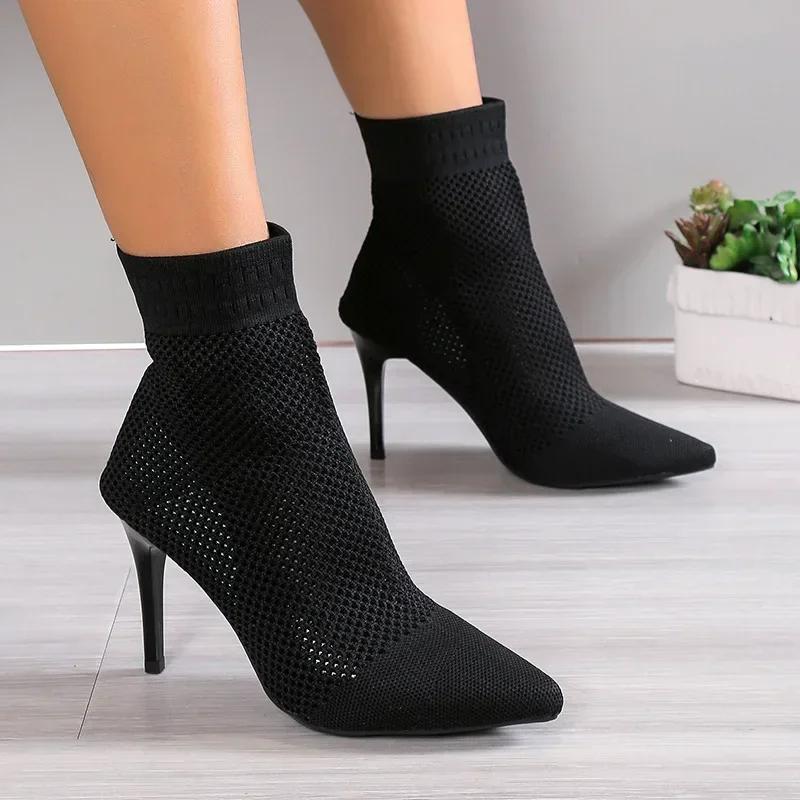 Pointed Toe High Heels Shoes for Women Sexy Ankle Chelsea Boots Winter Knitting Sock Botas  New Designer Femme Pumps Zapatos