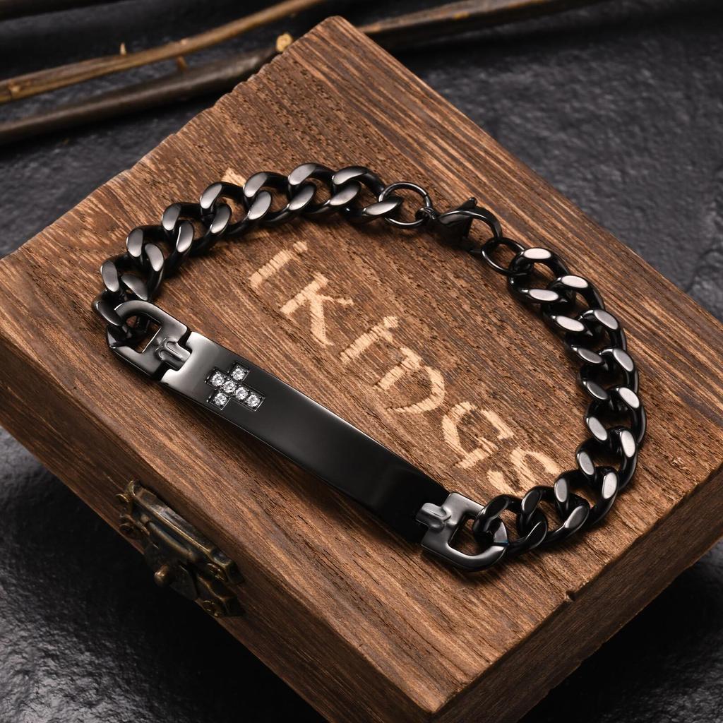 Personalized Cross ID Bracelets for Men Boys,Engraved Stainlesss Steel Chain Link Wristband,Stylish Jewelry Gifts