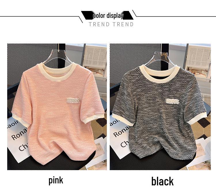 Women's Ice Silk Pink Knit T-Shirt - French Style Short Sleeve, Summer 2025 Niche Design