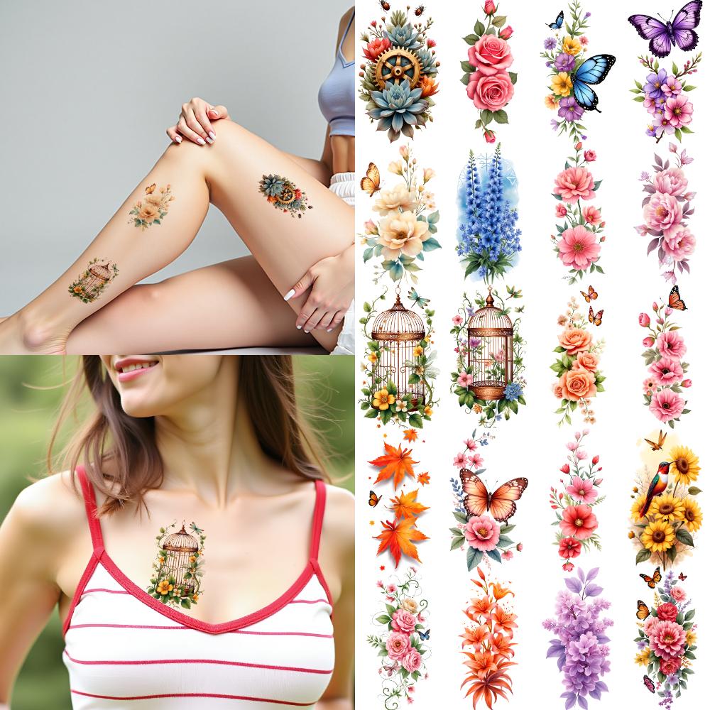 9pcs Temporary Tattoo Butterfly Tattoos Waterproof Long-lasting Body Stickers Floral Tattoos Colorful For Adult Back