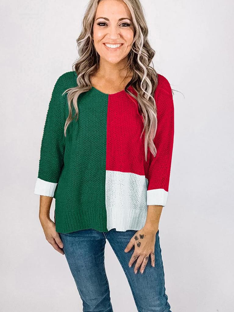 Women's Loose Casual V-neck Knit Sweater with Slit Sleeves - European & American Style
