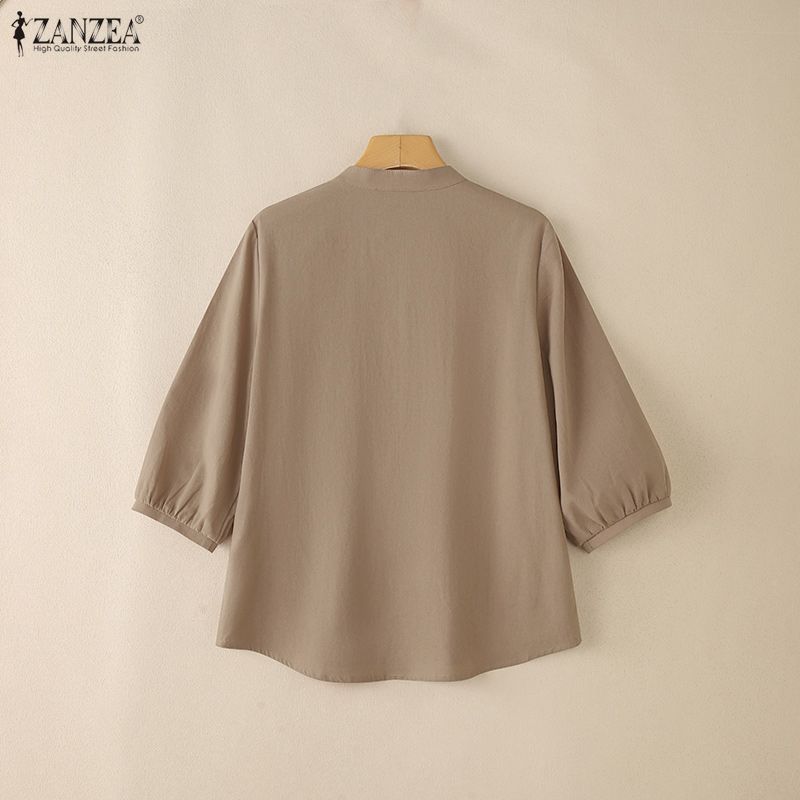 ZANZEA Women Casual Round Neck Solid Color 3/4 Sleeve Cotton Blouse