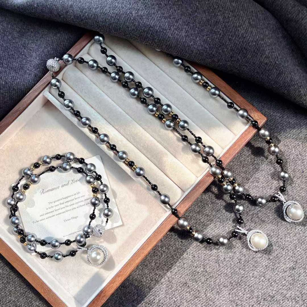 Design Highlight Dark Night Black Artificial Crystal Pearl Natural Black Agate Collarbone Chain Necklace Pendant