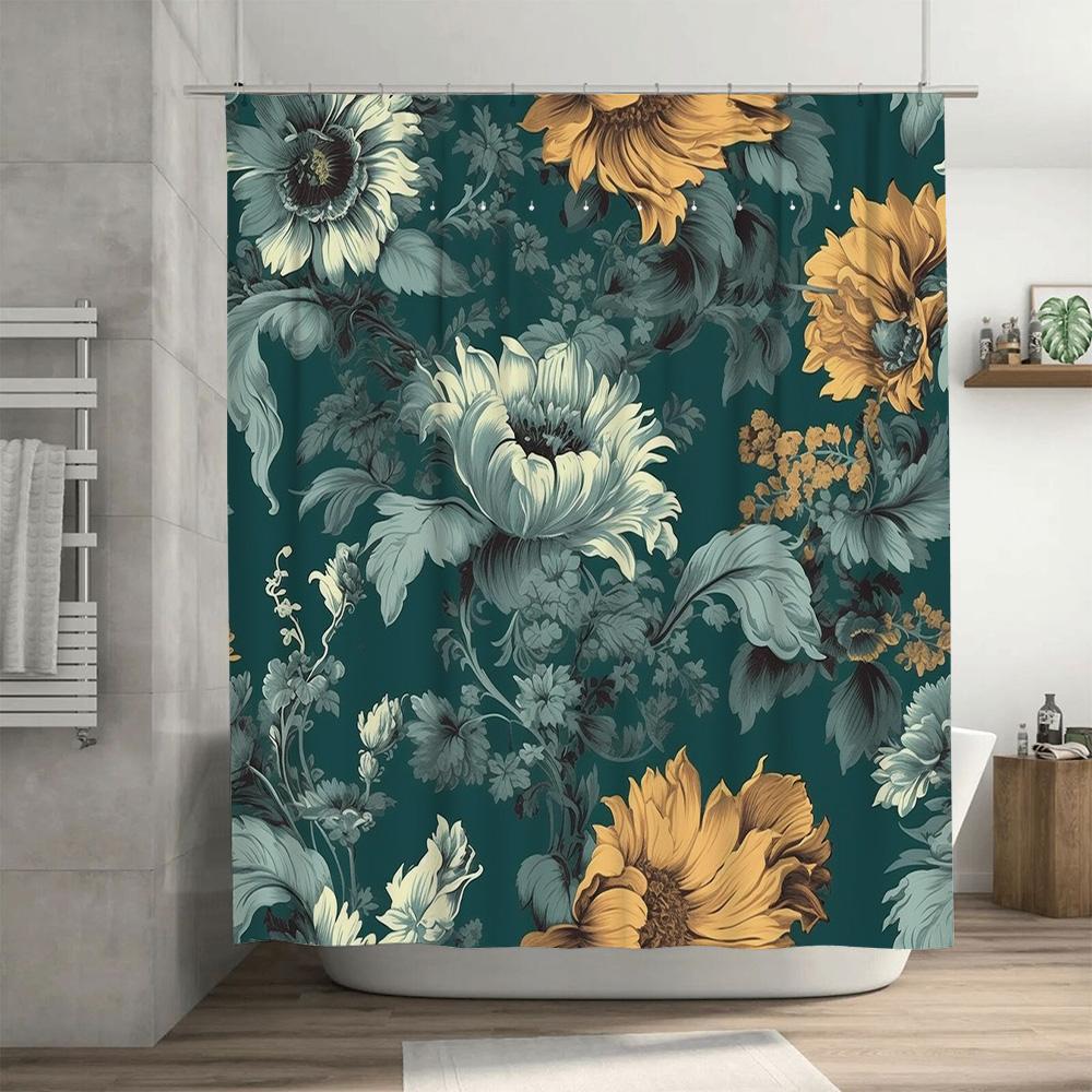 Vintage Sunflower Printed Waterproof Bathroom Shower Curtain For Home Decor Green Floral Design Fabric Waterproof Bath Mat With