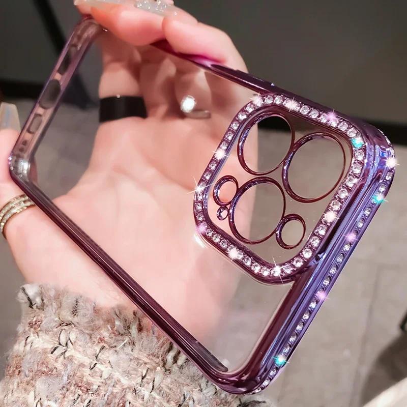 Luxury Plating Glitter Diamond Transparent Case For iPhone 16 15 16E 12 14 13 Pro Max Plus Female Soft Silicone Shockproof Cover