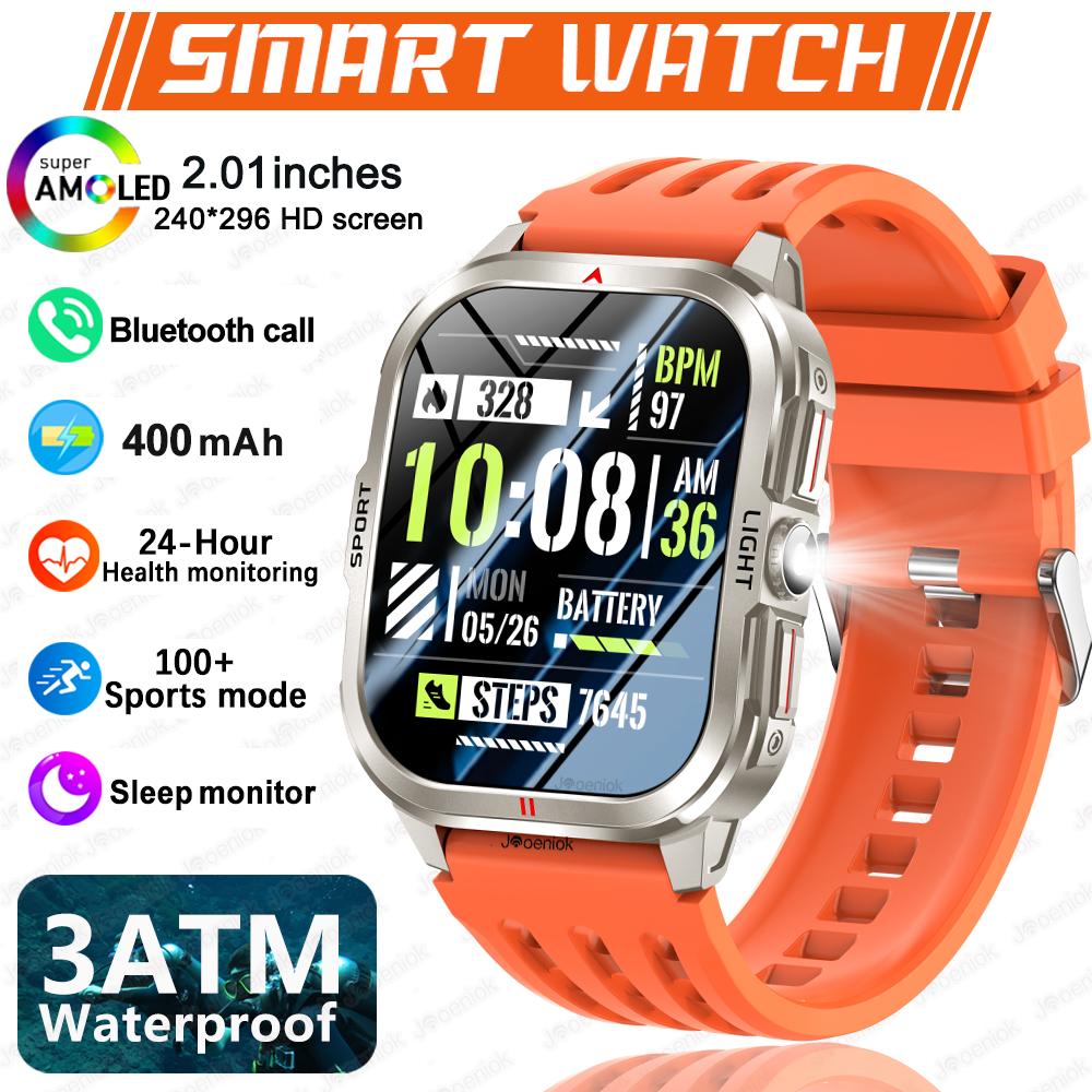 

New Outdoor Sport Smart Watch Men 2.01 AMOLED Screen 3ATM Waterproof Flashlight 400mAh Battery Bluetooth Call Smartwatch