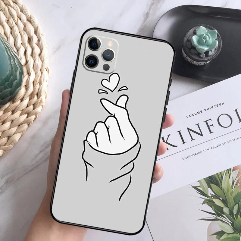 Korean Finger Heart Love Phone Case For iPhone 16 Pro 11 12 13 14 15 Pro Max Mini XS X XR 7 8 16 Plus Cover Coque