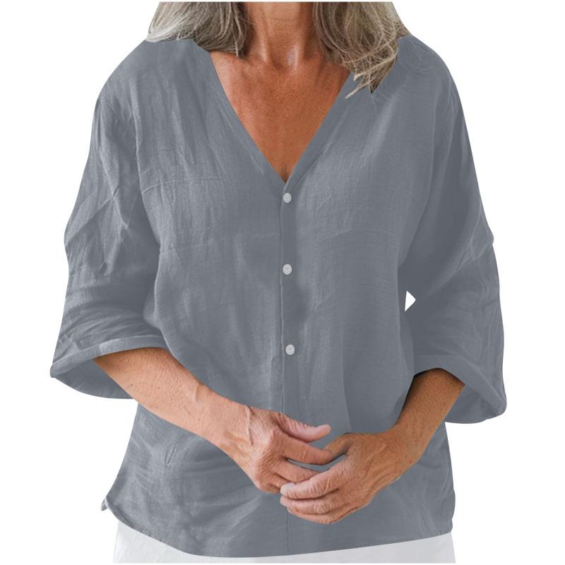 QICED Women's Fashion Casual Solid Color Print 3/4 Sleeves V Neck Blouses & Shirts